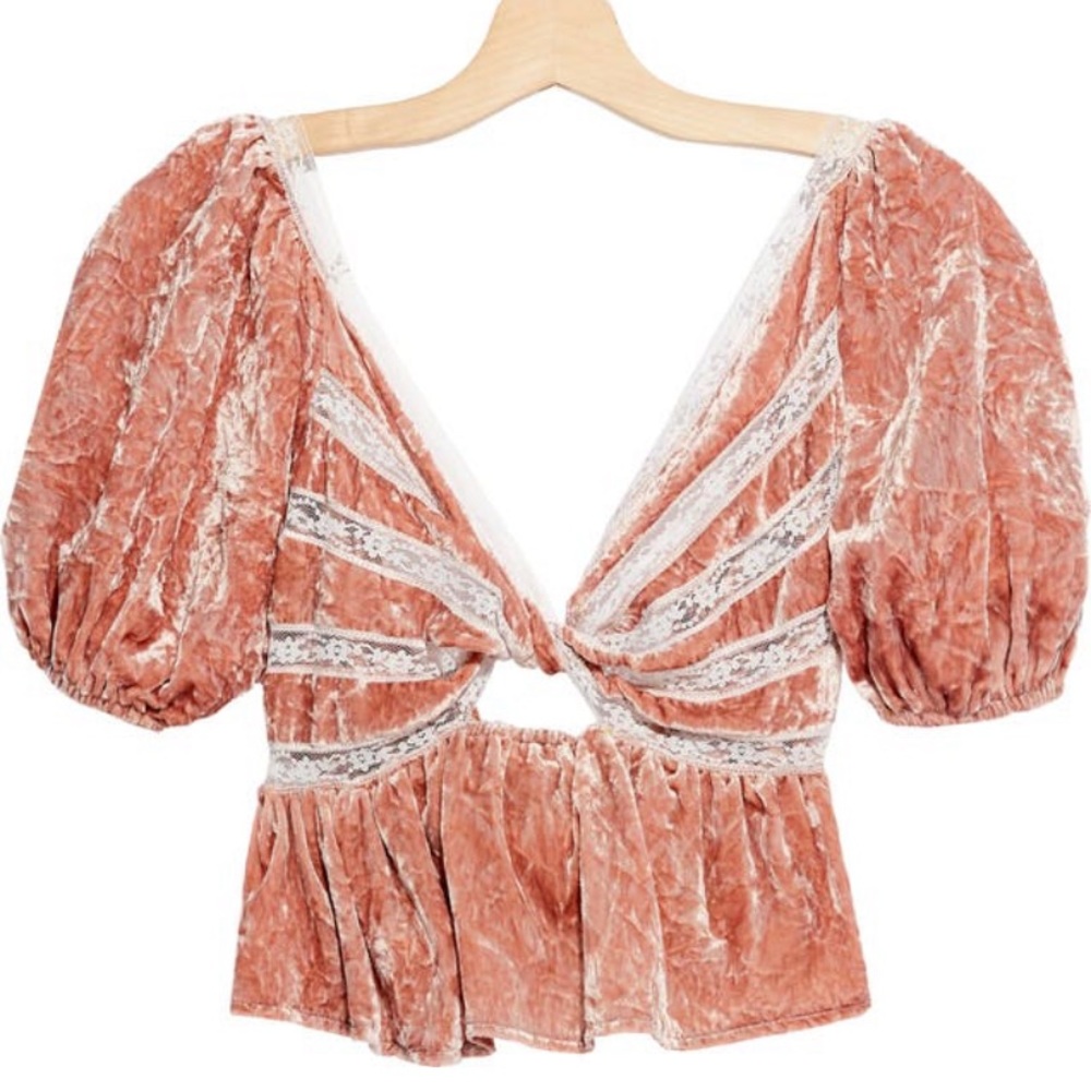 New Free People Yours Truly Velvet Top Mauve Womens Small S Blouse Short Sleeve